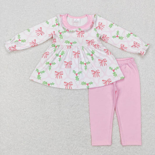 GLP0692 Christmas holly leaf bowknot pink long sleeve pants girls set