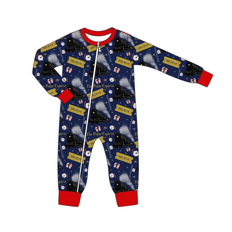 Preorder believe train navy blue boys romper
