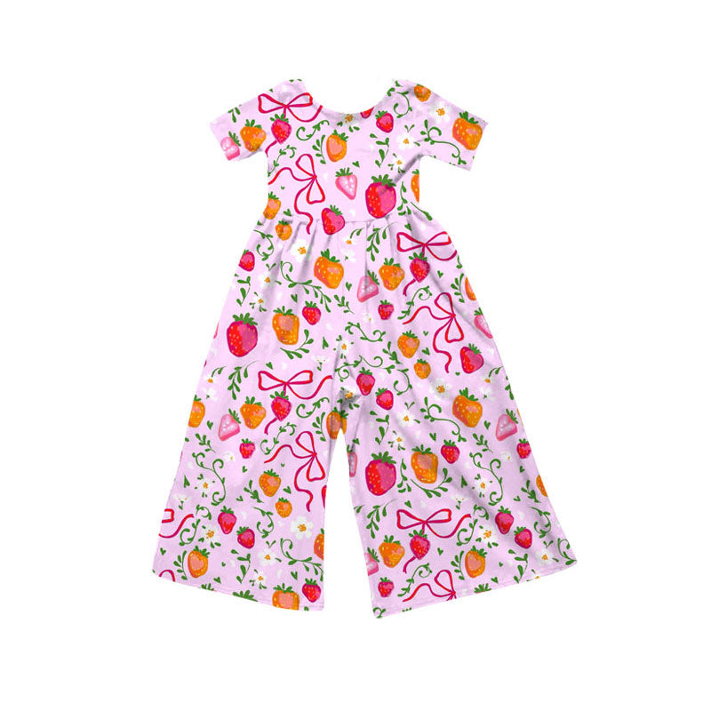 custom moq 5 strawberry bows hot pink short sleeve girls jumpsuits