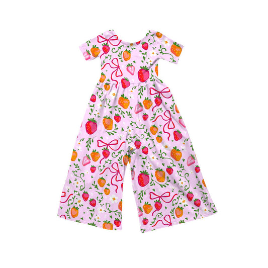 custom moq 5 strawberry bows hot pink short sleeve girls jumpsuits