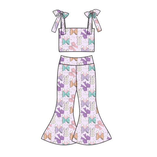 custom (moq 5)Baby Girls Easter Rabbits Bows Straps Top Bell Pants Clothes Sets