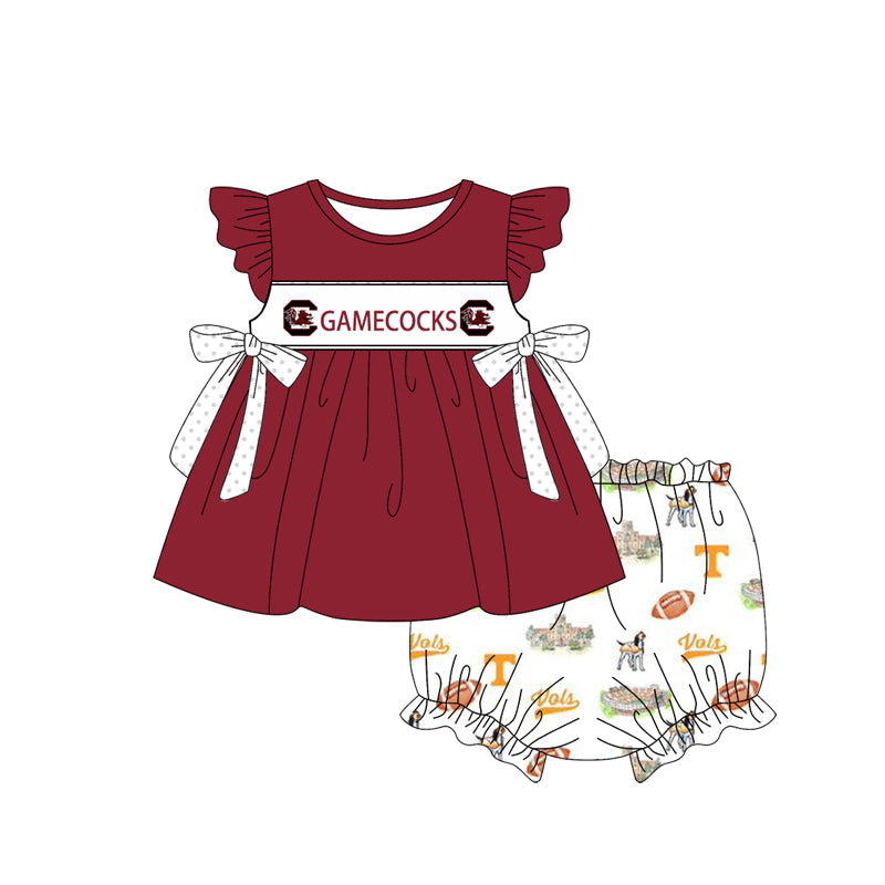 Custom Moq 3 Football Team Game Cocks Maroon Flutter Sleeve Bows Girls Bummies Set