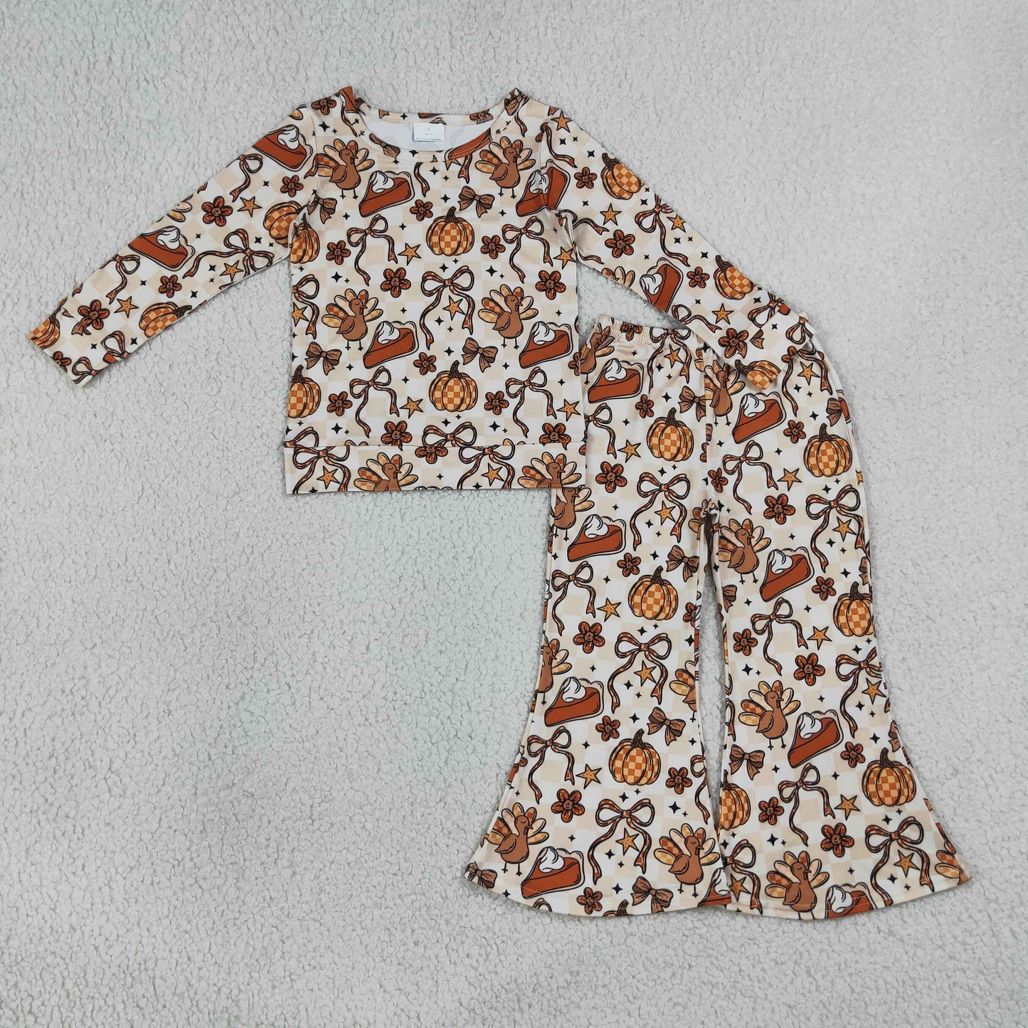 GLP3420 Thanksgiving Turkey Pumpkin Pie Long Sleeve Pants Girls Set