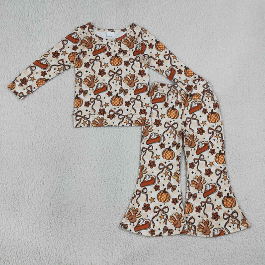 GLP3420 Thanksgiving Turkey Pumpkin Pie Long Sleeve Pants Girls Set