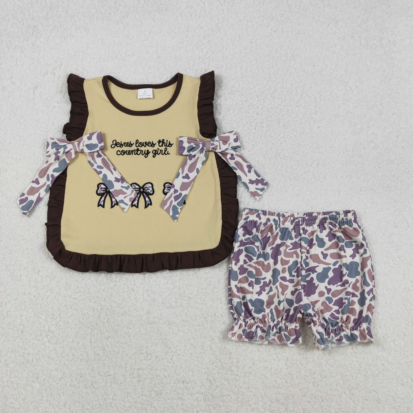 embroidery GSSO2730 Jesus loves this country girl camo bows sleeveless shorts girls set