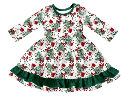 custom moq 3 Christmas tree red bows long sleeve girls dress