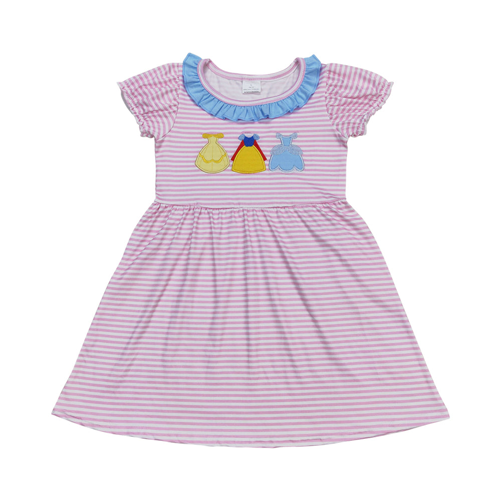 GSD0856 embroidery Cartoon princess pink striped short sleeve girls dress