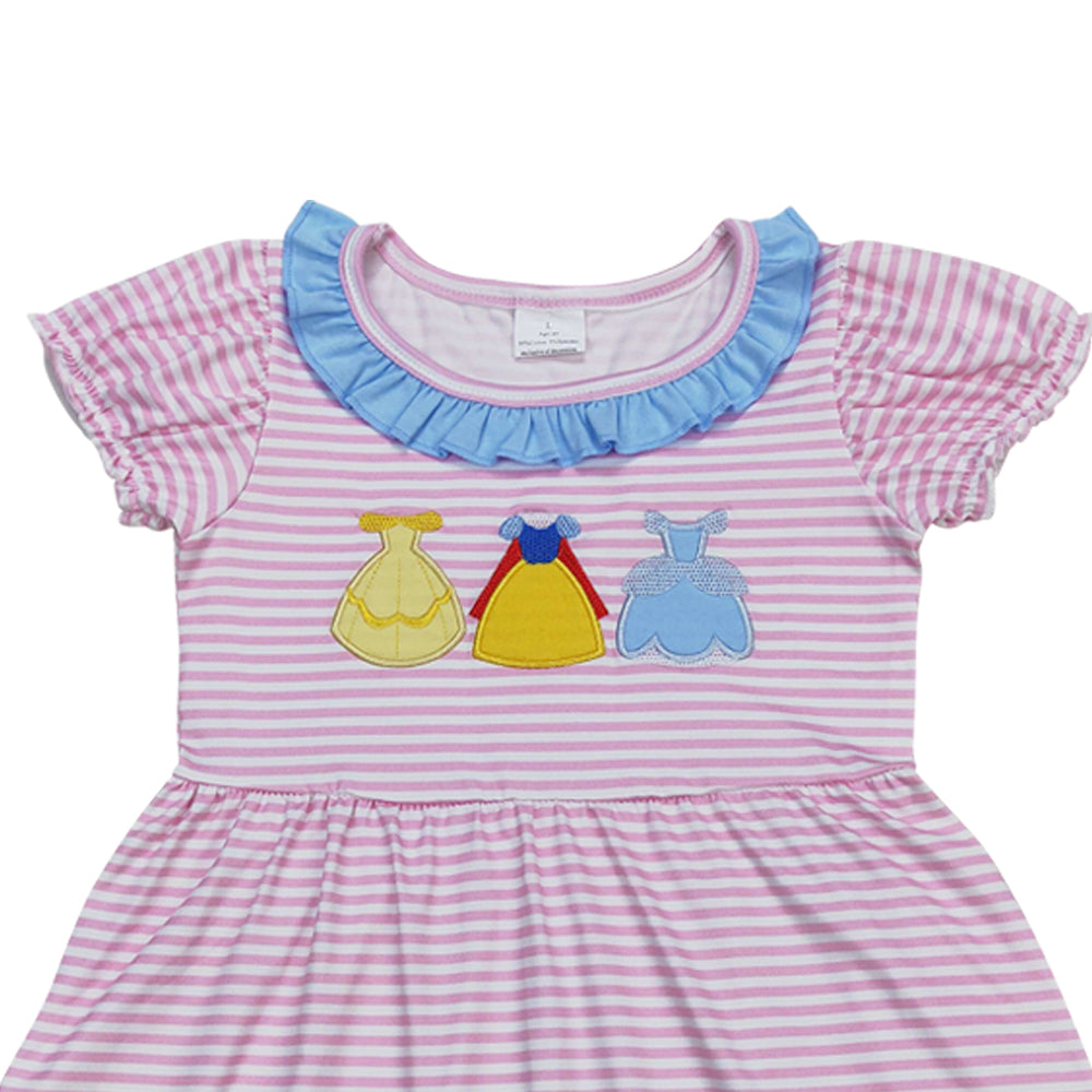 GSD0856 embroidery Cartoon princess pink striped short sleeve girls dress