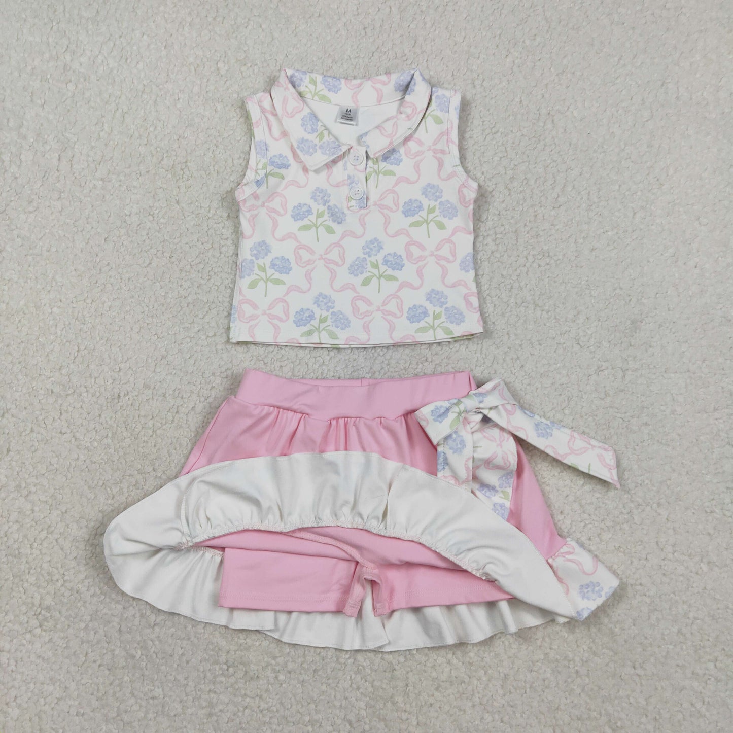 GSD3478 Yoga Blue Flowers Pink Bows Sleeevless Pink Skorts Girls Set
