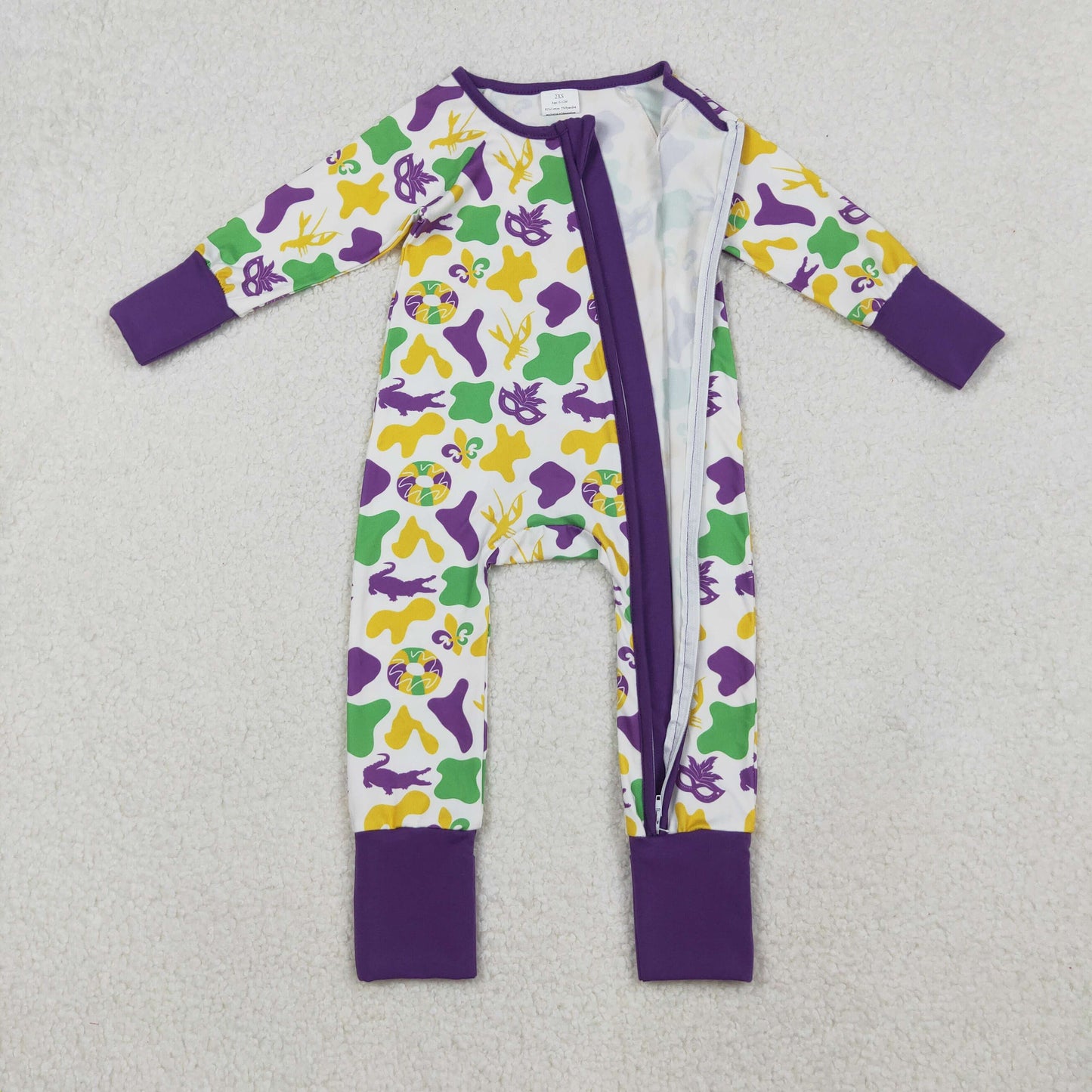 LR2637 Mardi Gras purple green yellow mask zipper long sleeve boys romper