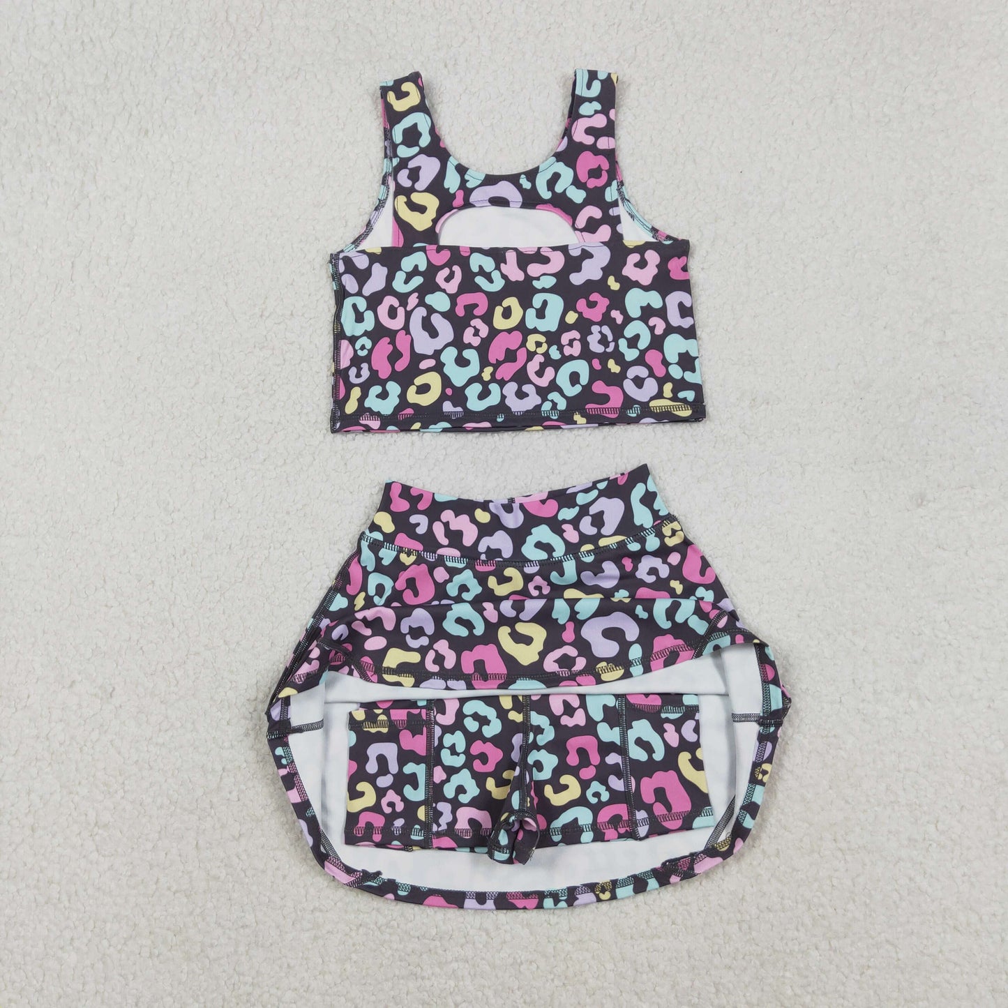 GSD2176 yoga colorful leoaprd twril bow skirt with shorts girls set