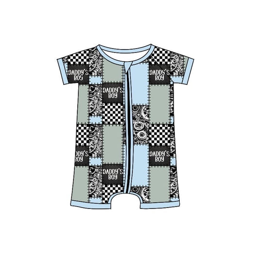 custom style daddy's boy checkered zipper short sleeve boys romper