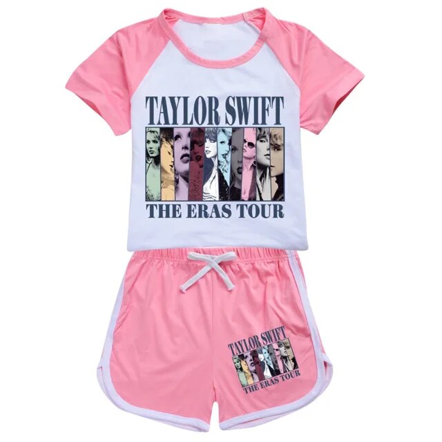 custom style country singer the eras pink short sleeve shorts girls set