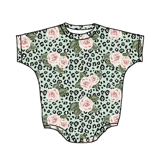Custom pink flowers leopard green short sleeve baby romper