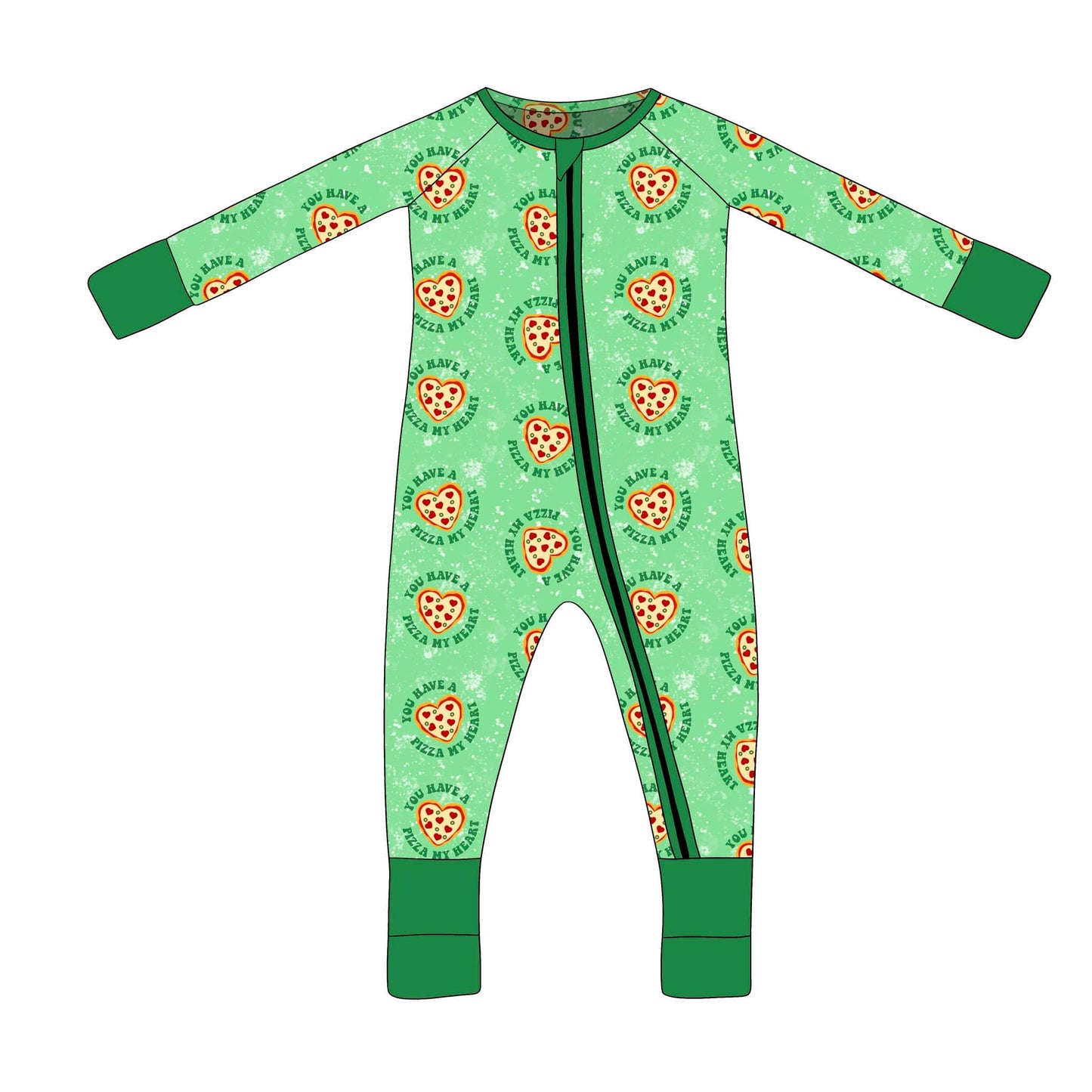 custom Valentine's heart pizza green long sleeve zipper boys romper