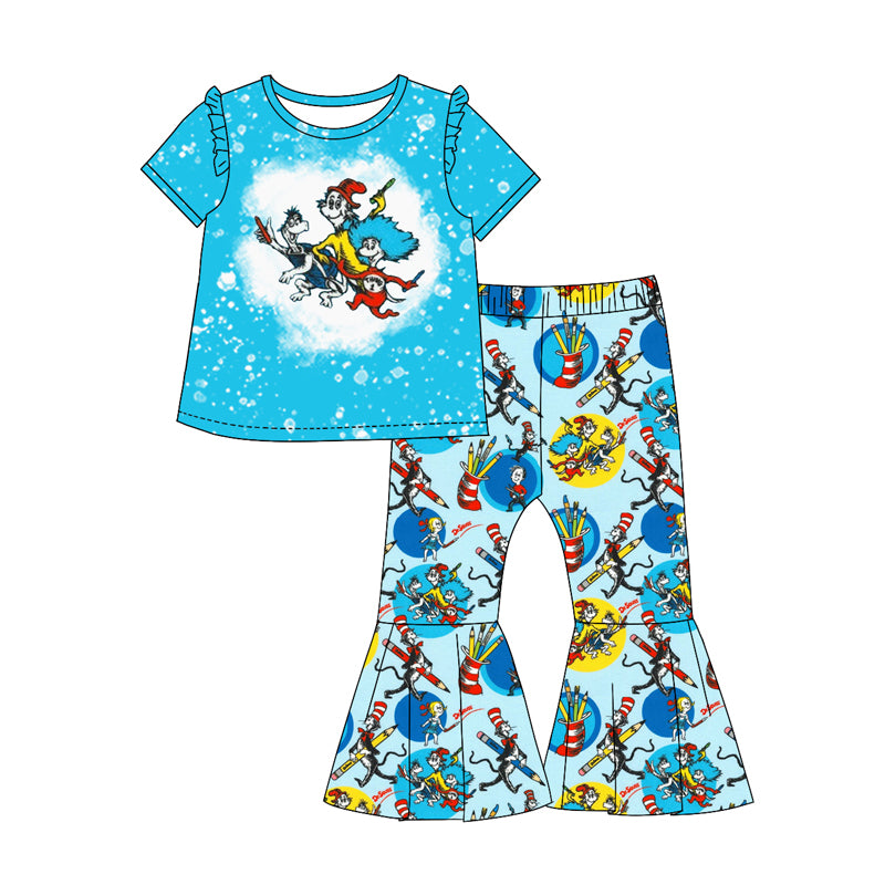 custom moq 3 Christmas cartoon Dr blue short sleeve pants girls set