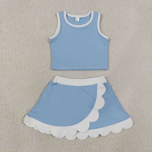 GSD4084 Yoga Scallop Cartoon Princess Blue Sleeveless Skorts Girls Set