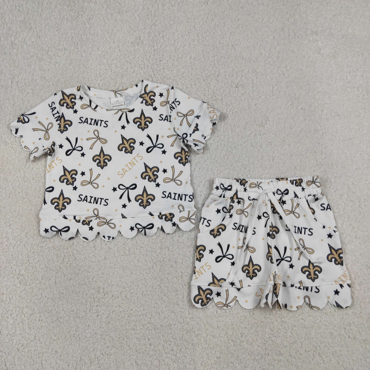 GSSO3561 Scallop Football Team Saints Bows Short Sleeve Shorts Girls Set
