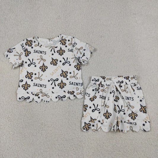 GSSO3561 Scallop Football Team Saints Bows Short Sleeve Shorts Girls Set