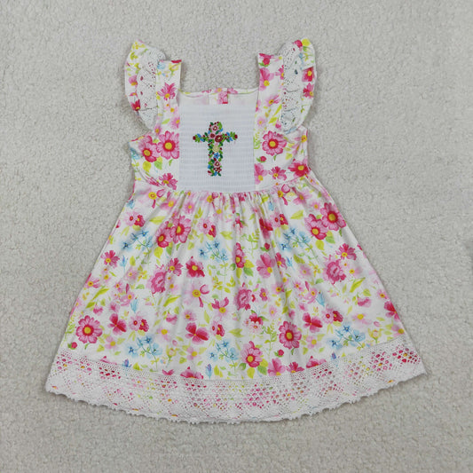 Embroidery GSD3313 Easter Flowers Cross Flutter Sleeve Girls Dress