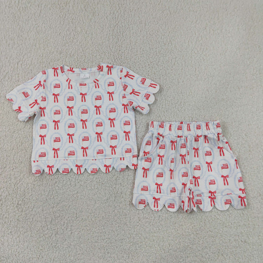 GSSO3552 Scallop July 4th Red Flag Bows Short Sleeve Shorts Girls Set