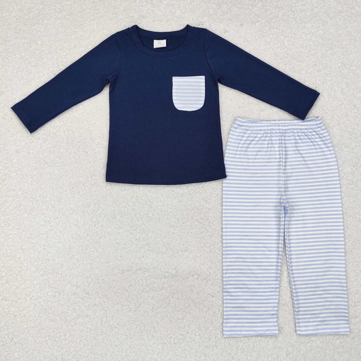 BLP0868 navy blue pocket long sleeve blue striped pants boys set
