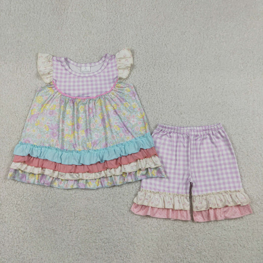 GSSO3485 Colorful Flowers Ruffles Flutter Sleeve Checkered Shorts Girls Set