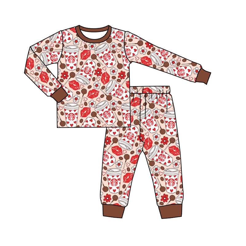 Custom Baby Boy Coffee Flowers Long Sleeve Pants Boys Pajamas Kids Valentine's Day Clothes