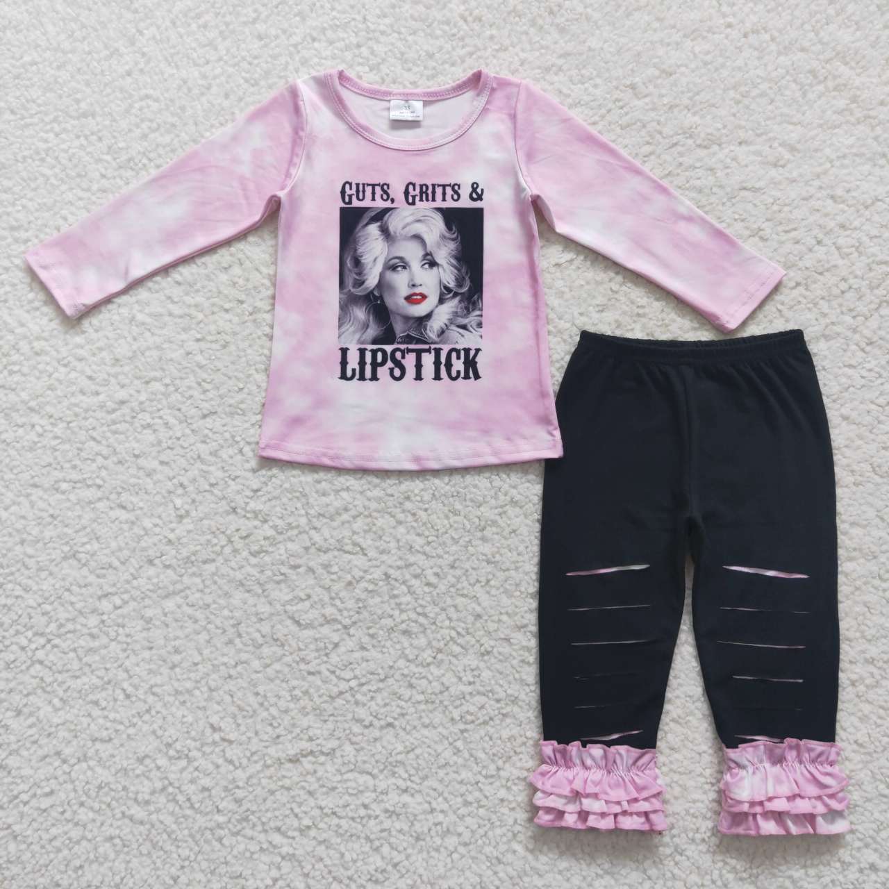 GLP0760 Singer pink short sleeve black pants girls set