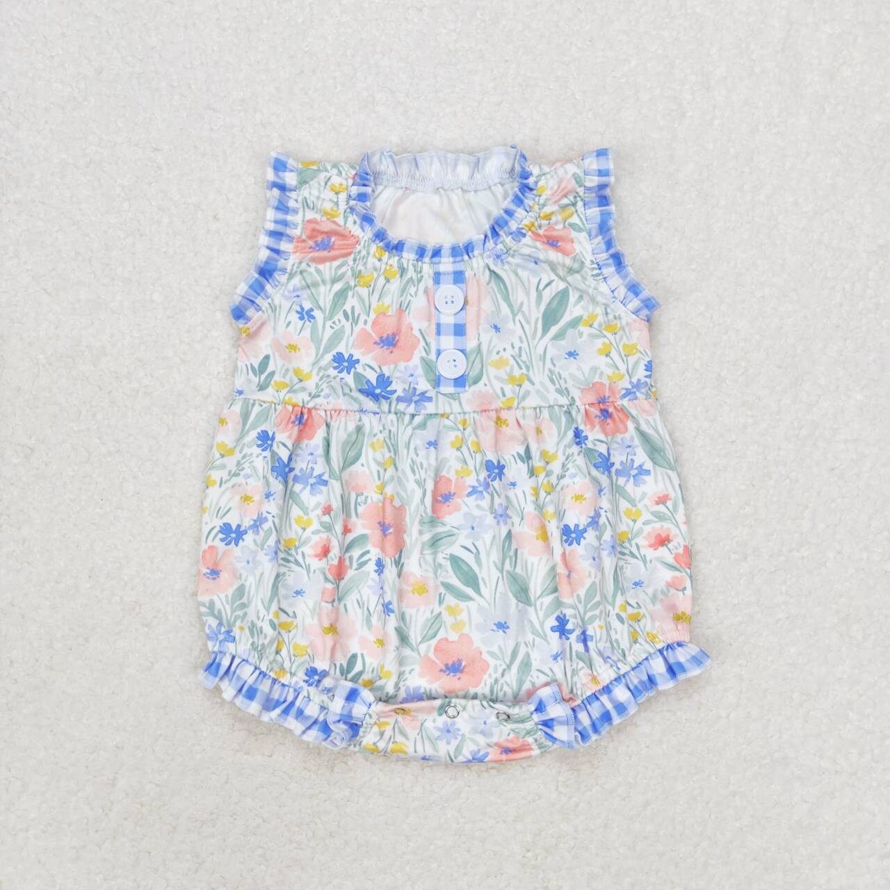 SR1345 multi colorful flowers blue ruffles sleeveless girls romper