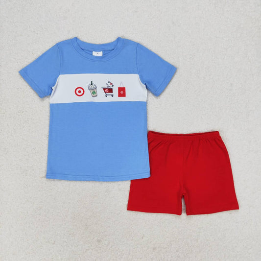 BSSO0894 dog coffee target blue short sleeve red shorts boys set