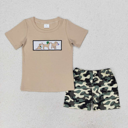 BSSO0720 embroidery dog flag khaki short sleeve green camo shorts boys set