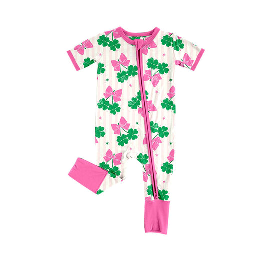 custom moq 5 St Patrick clover green pink zipper short sleeve girls romper