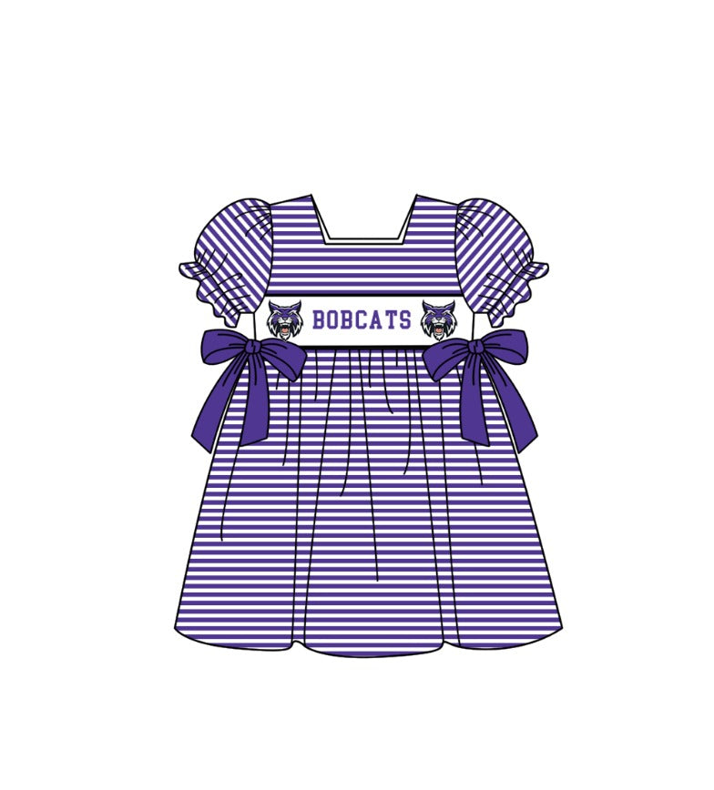 Custom Moq 3 Football Item Purple Bobcats Bows Short Sleeve Girls Dress