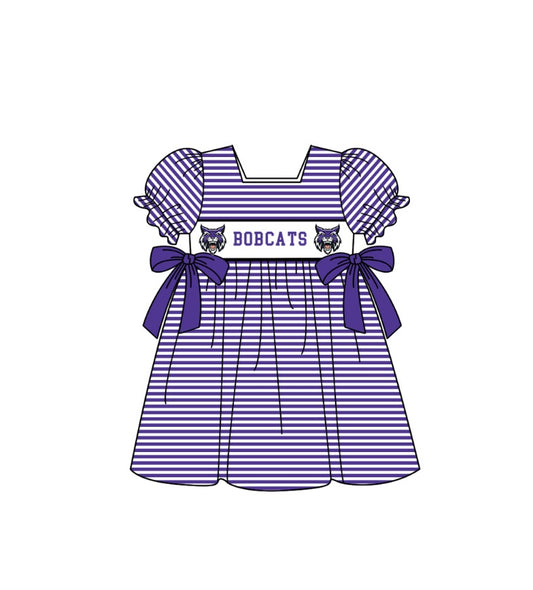 Custom Moq 3 Football Item Purple Bobcats Bows Short Sleeve Girls Dress