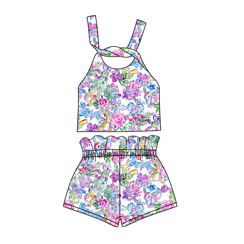 custom (moq 5)Baby Girls Cartoon Flowers Straps Top Shorts Clothes Sets