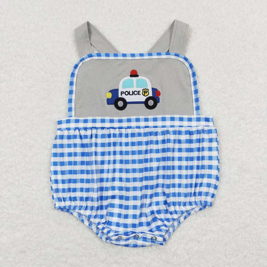 SR0997 Cute Police Car Blue Checkered Sleeveless Boys Romper