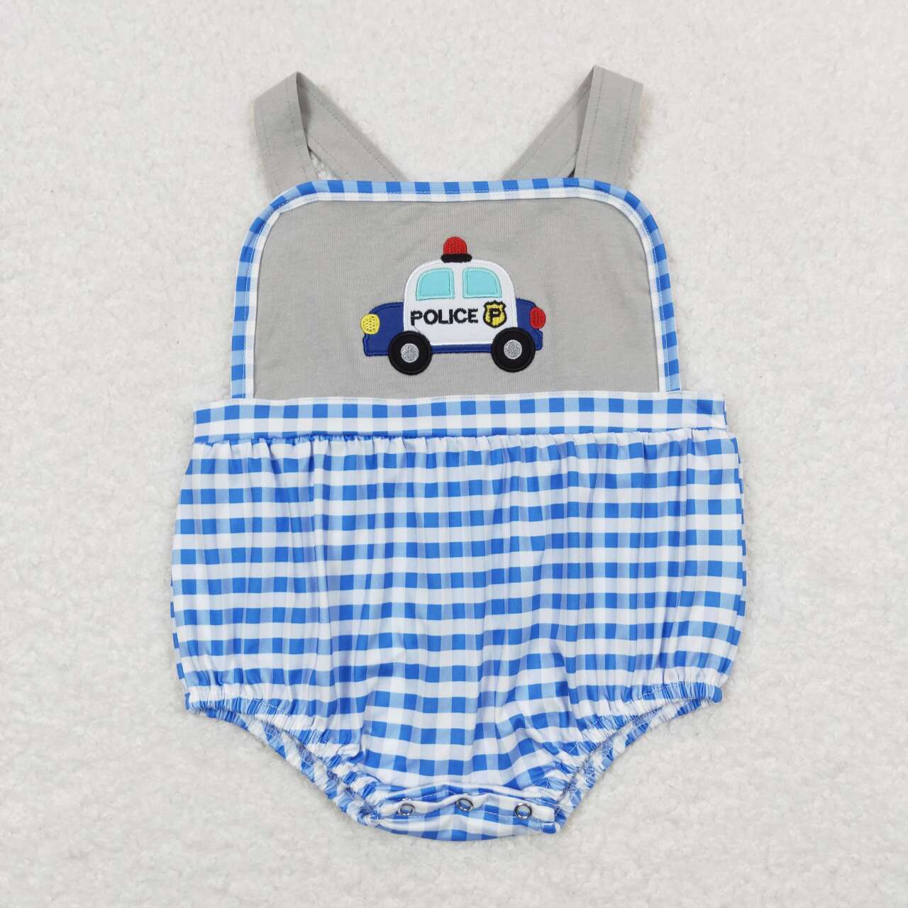 SR0997 Cute Police Car Blue Checkered Sleeveless Boys Romper