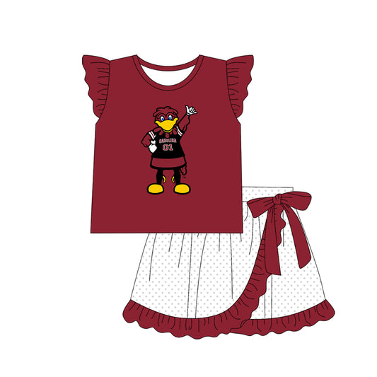 Cutom Moq 3 Football Team Game Cocks Maroon Flutter Sleeve Skirt Bow Girls Set