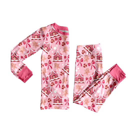 Custom moq 20 bamboo Christmas gingerbread man pink long sleeve pants girls pajamas