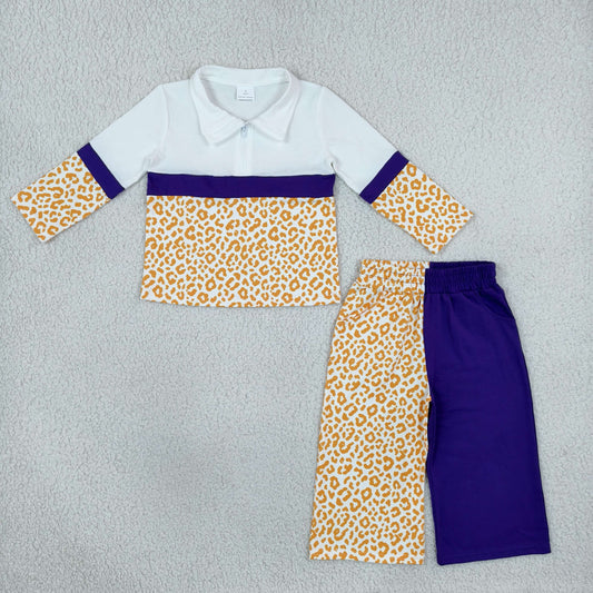 GLP3580 Leopard Zipper Long Sleeve Purple Leopard Pants Girls Set