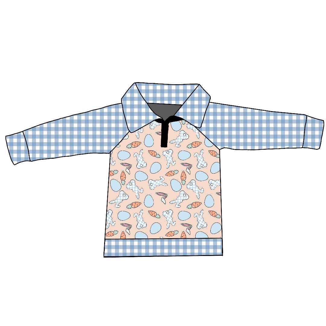 Custom Easter Bunny Rabbit Egg Blue Checkered Long Sleeve Boys Top