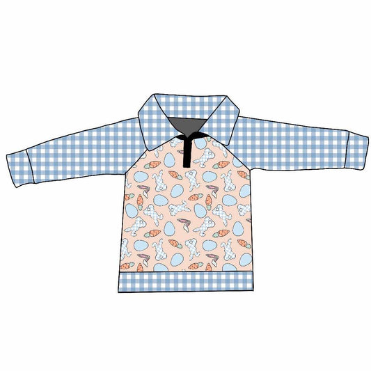 Custom Easter Bunny Rabbit Egg Blue Checkered Long Sleeve Boys Top