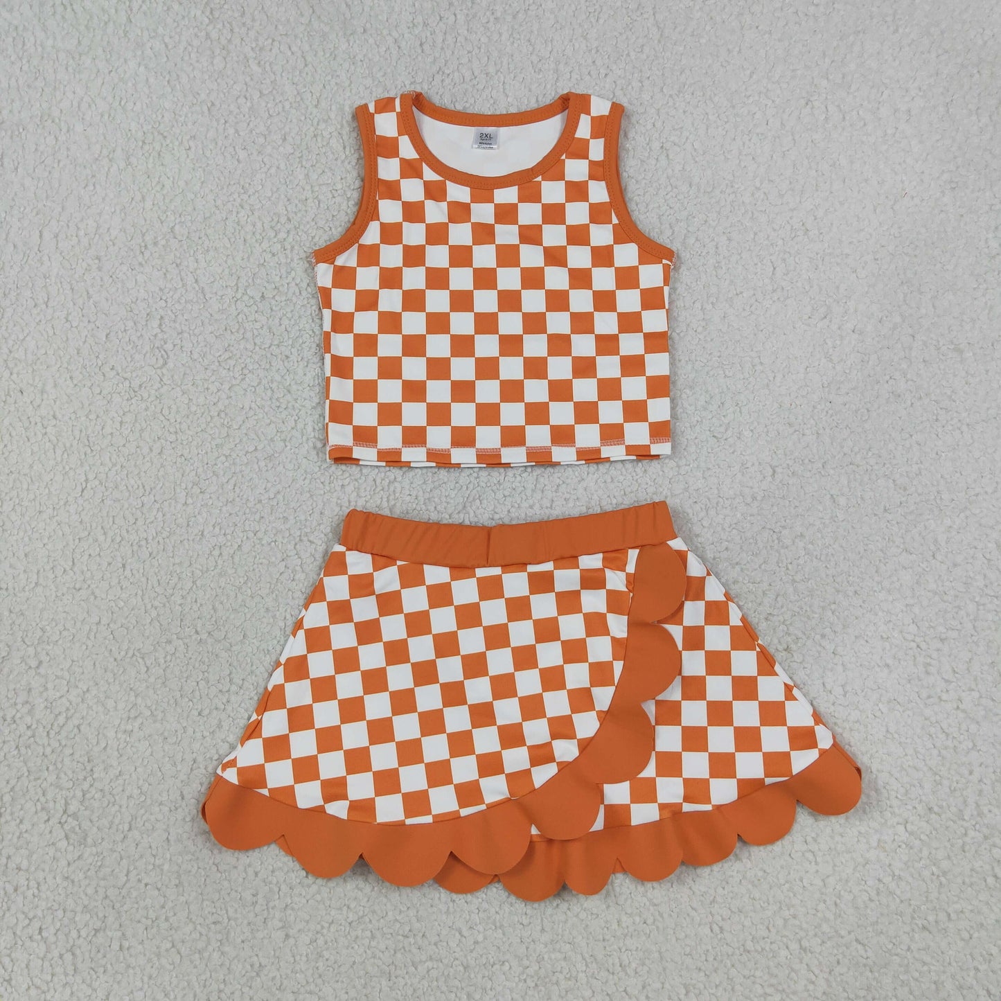 GSD4252 Yoga Orange Checkered Sleeveless Skorts Girls Set