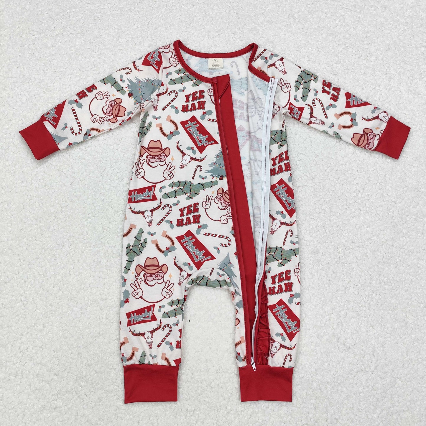 bamboo LR1277 Christmas howdy Santa tree long sleeve girls zipper romper
