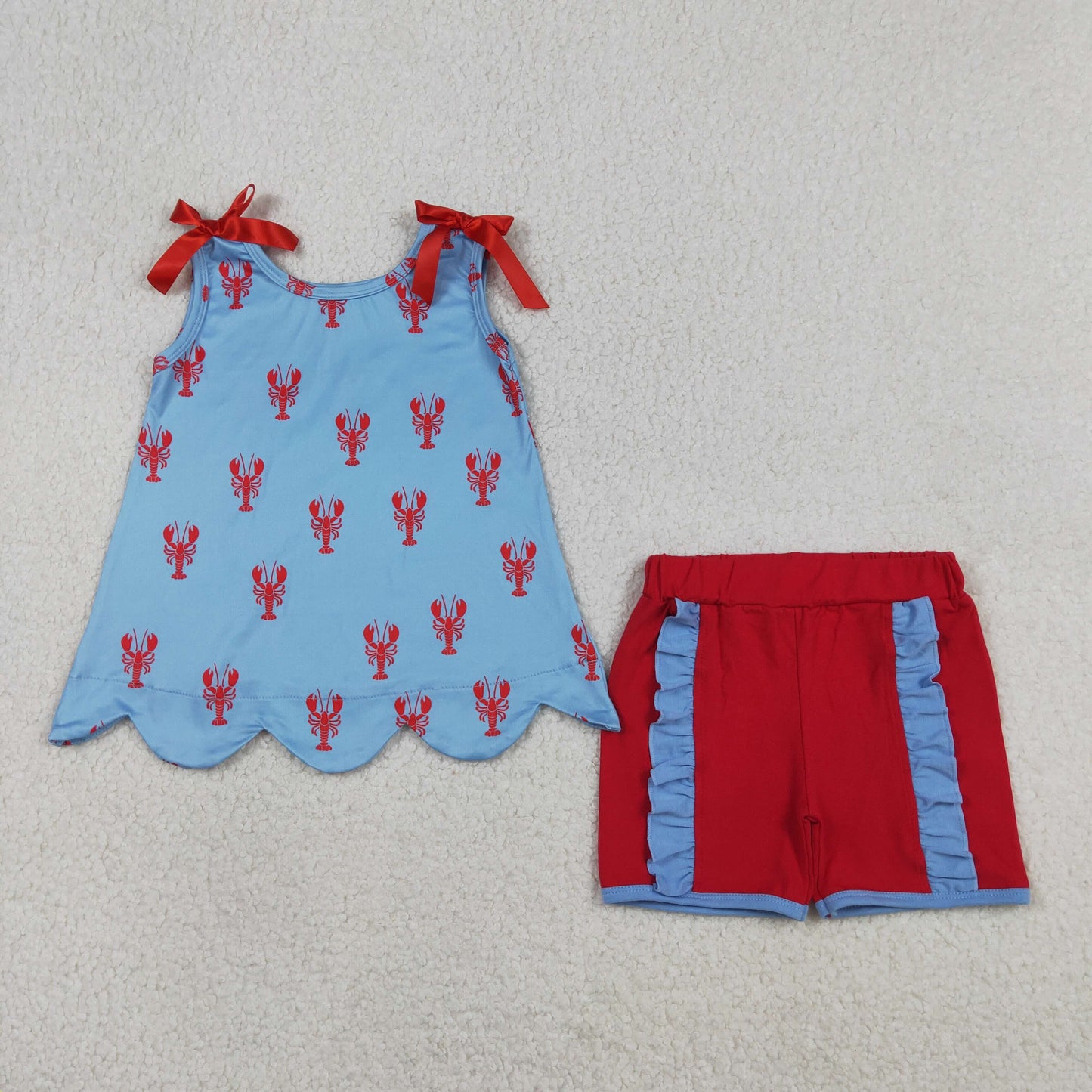 GSSO3050 Scallop Crayfish Blue Sleeveless Red Shorts Girls Set