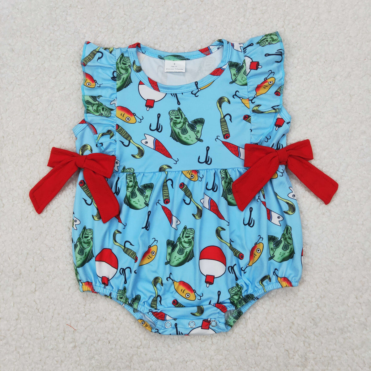 SR2708 Hunting fishing red bows blue ruffles sleeve girls romper