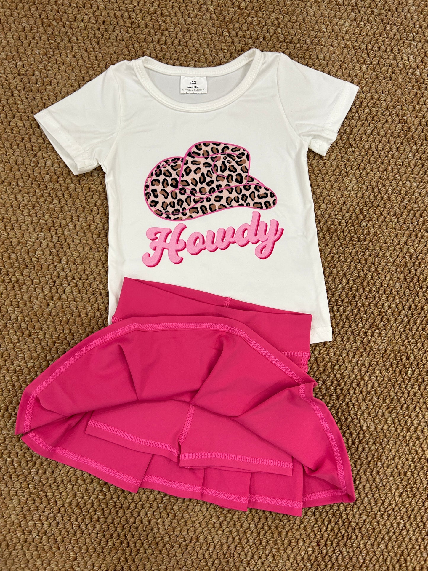 Western howdy hat short sleeve yoga hot pink skirt skort girls set