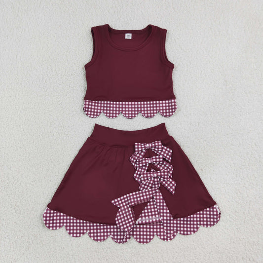 GSD4266 Yoga Scallop Maroon Sleeveless Bows Skorts Girls Set