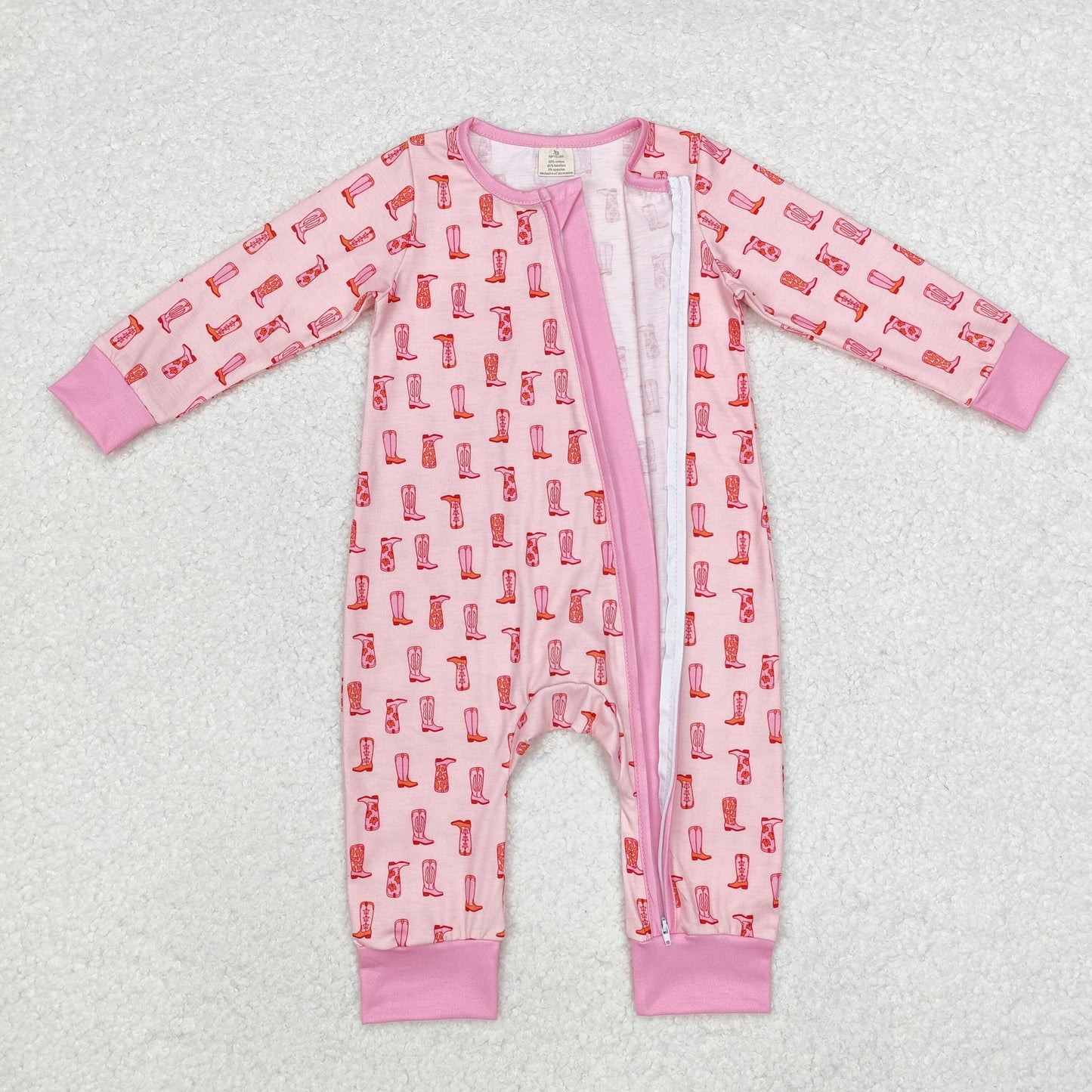 bamboo LR1843 Western boots pink long sleeve zipper girls romper